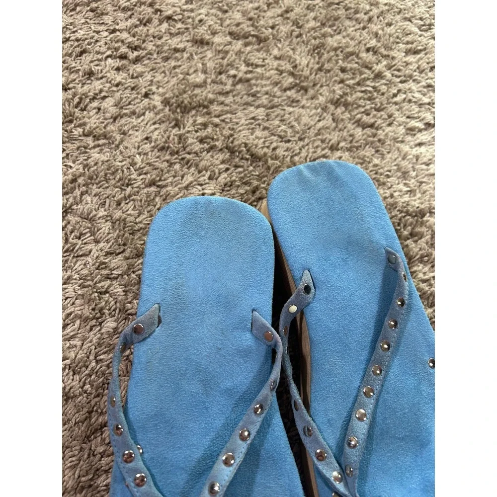 Blue Faux Suede Studded Platform Sandals Wedge Flip Flops Festival Western 8